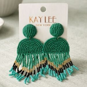 Kay Lee Green Beaded Fringe Earrings New